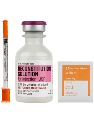 Reconstitution kit: a U-100 insulin syringe, a 30 mL reconstitution solution vial and an alcohol prep pad